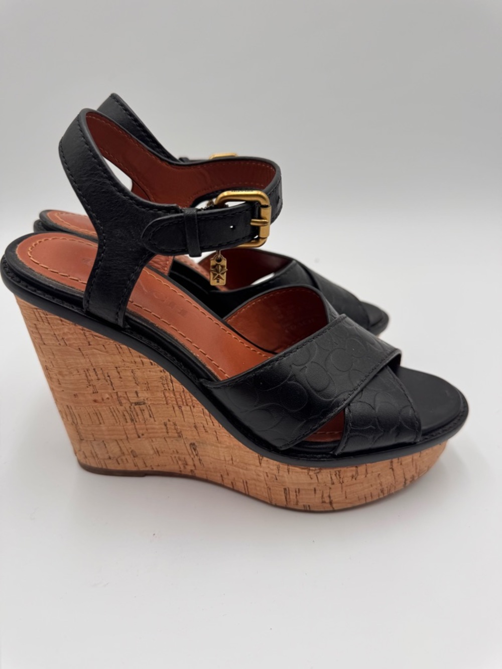 Coach Black Leather Cork Wedge Sandals with Gold Buckle - Picture 3 of 10